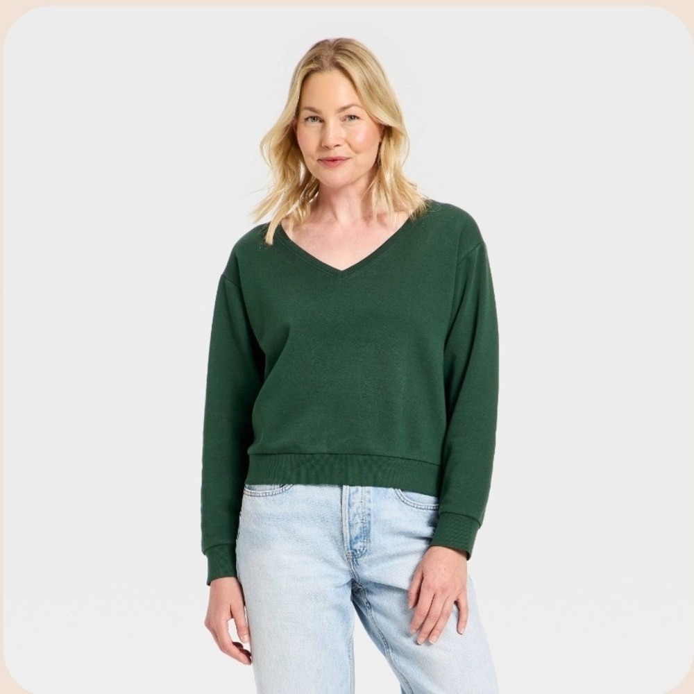 Universal Thread Womens V-Neck Sweatshirt Dark Green Relaxed Pullover Small